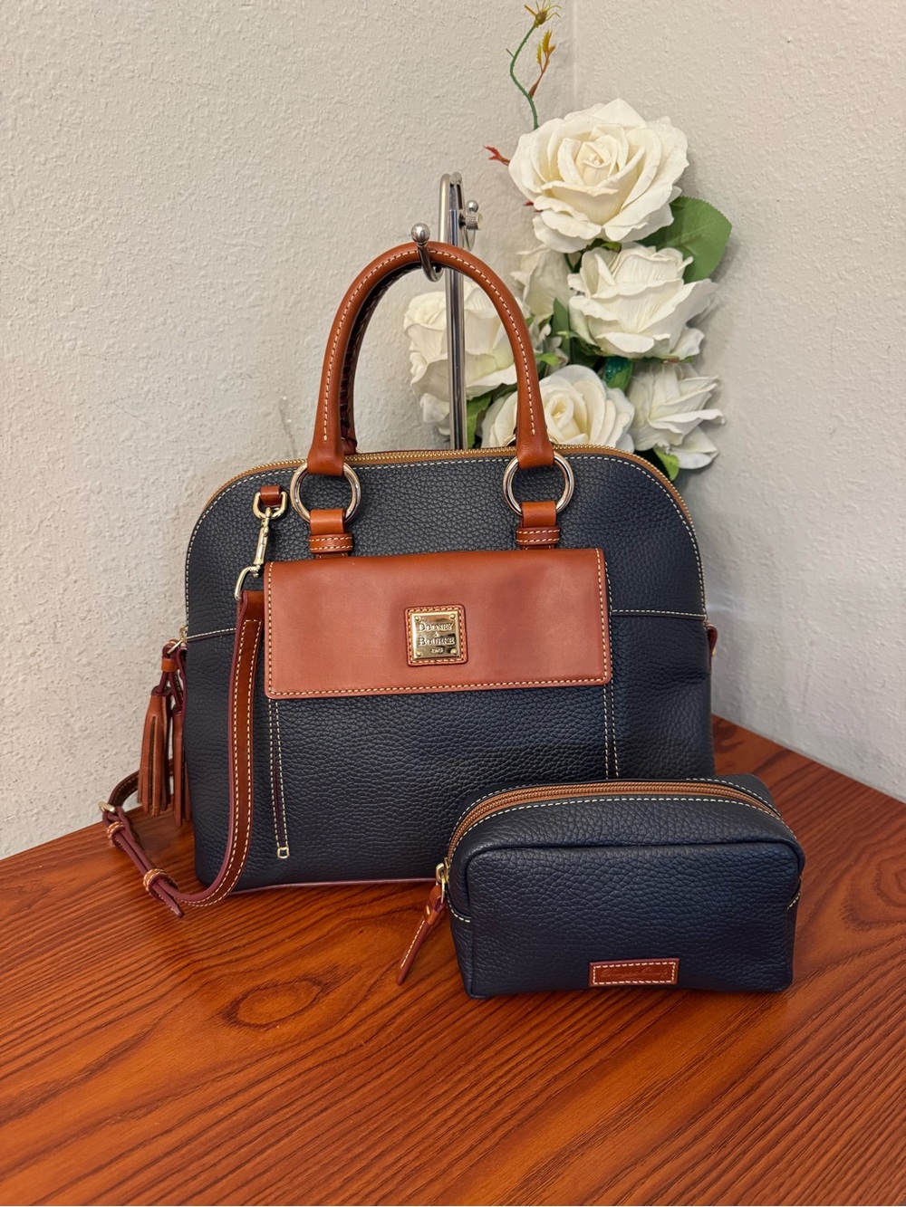 Dooney & Bourke Black Pebbled Leather Satchel with Brown Trim and Matching Pouch